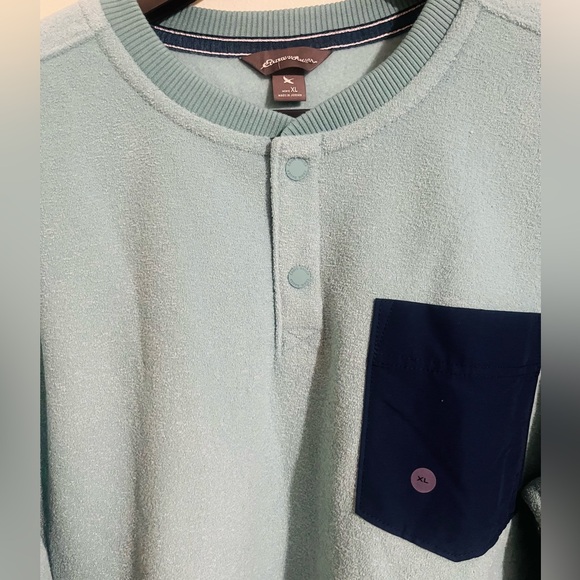 Eddie Bauer Mountain Henley Fleece Men's Teal Sweater with Navy Pocket - Picture 3 of 8